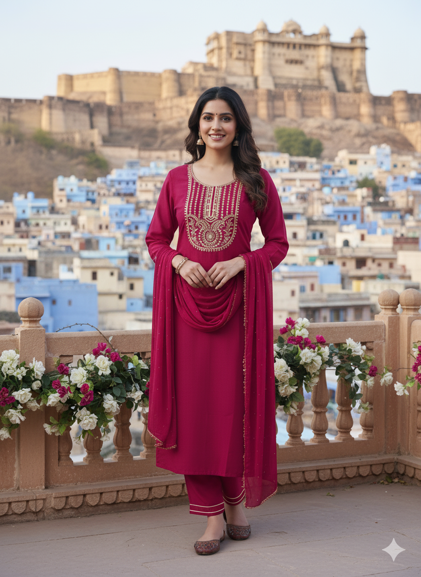 Rani Embroidered Chinon Kurta with Dupatta Set