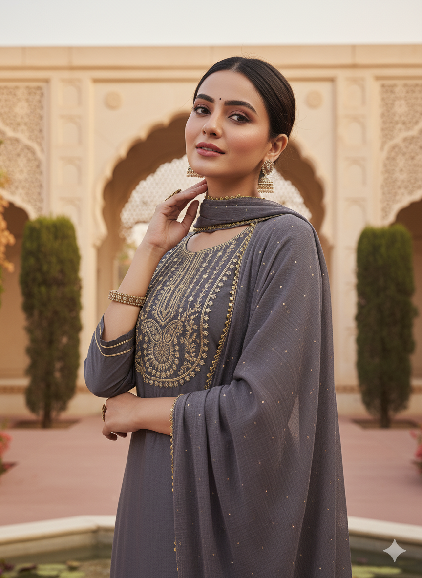 Grey Embroidered Chinon Kurta with Dupatta Set