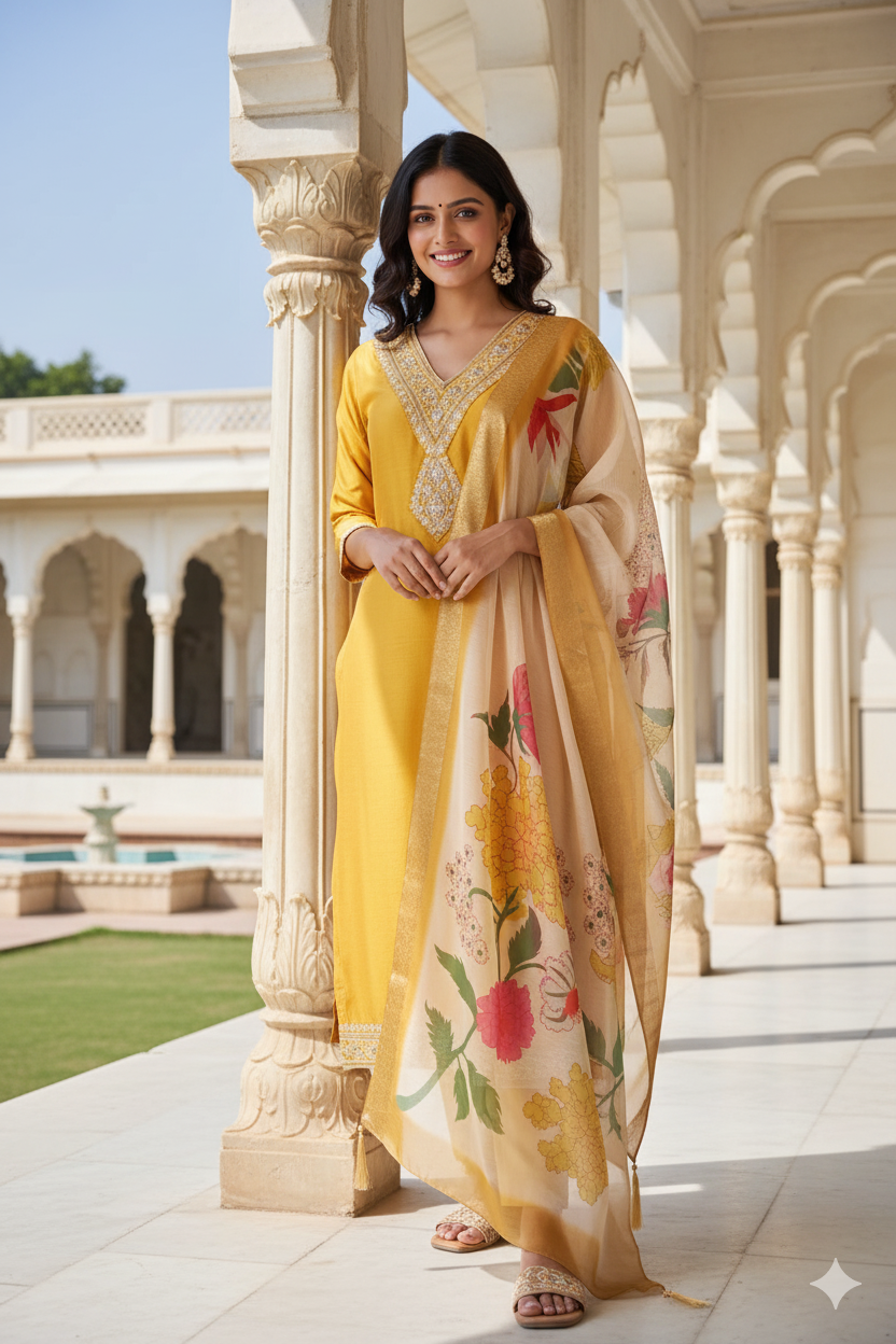 Yellow Chinon embroidered Straight kurta Set