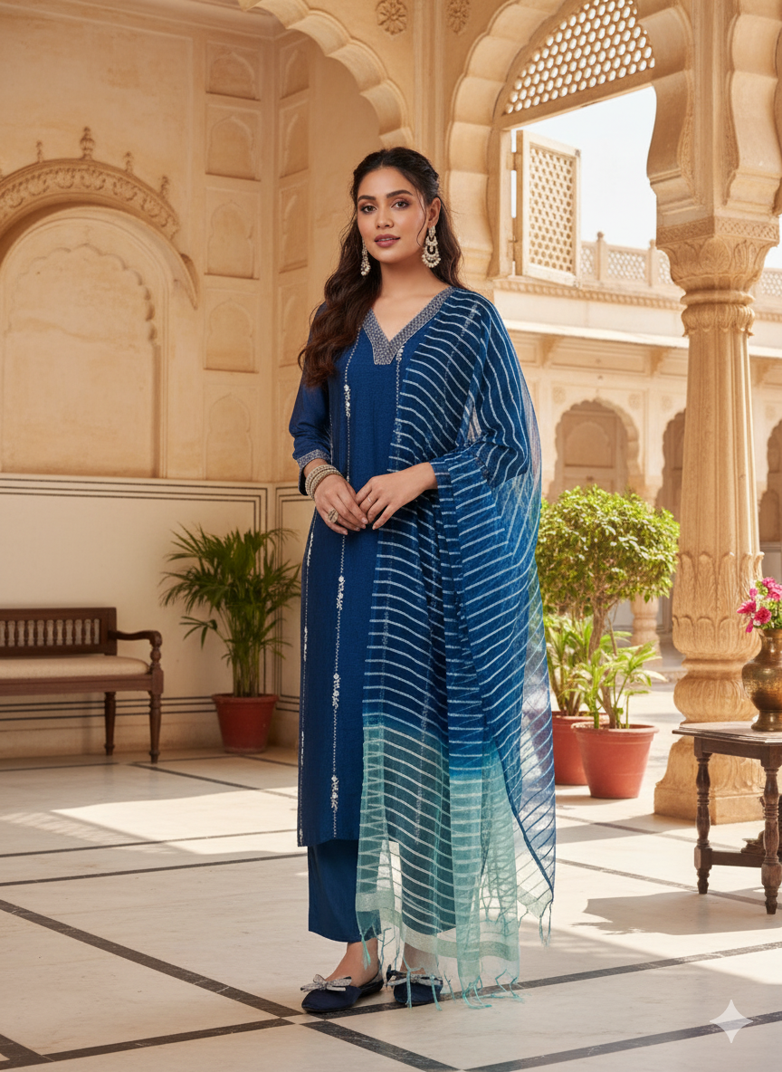 Teal Blue Embroidered Silk Kurta with Dupatta Set