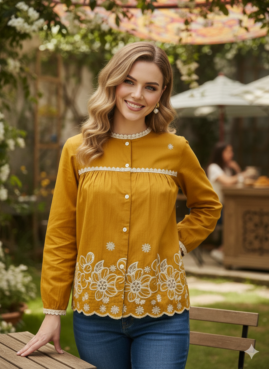 Mustard Embroidered Full Sleeves Regular Cotton Shirt