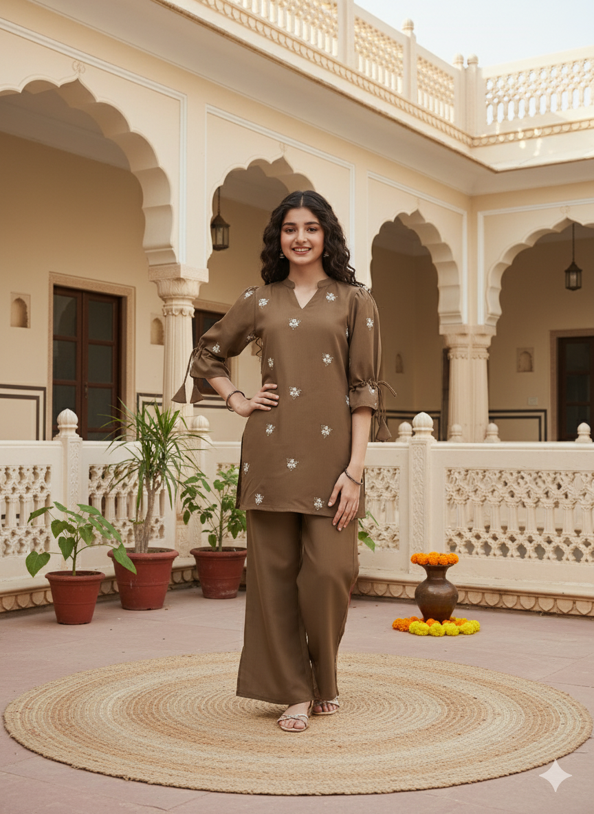 Caramel Viscose Blend Embroidered Top & Pant Set for Girls