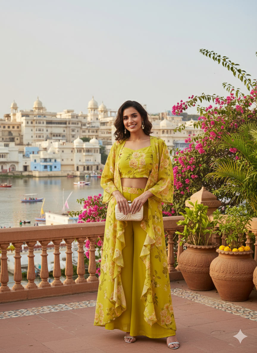 Lime Green Handwork Taby Palazzo & Crop-Top Set with Layered Shrug