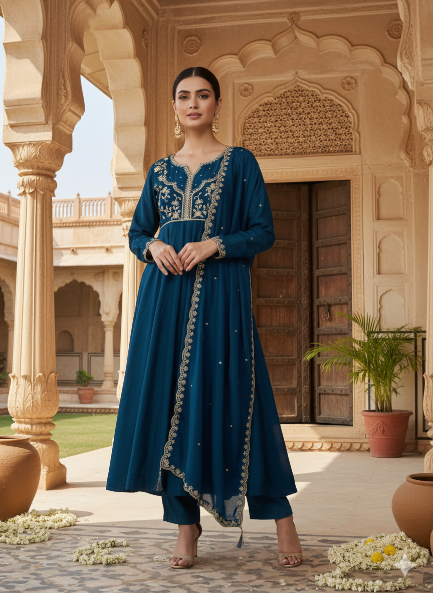Teal Blue Embroidered Silk Anarkali kurta with Dupatta Set