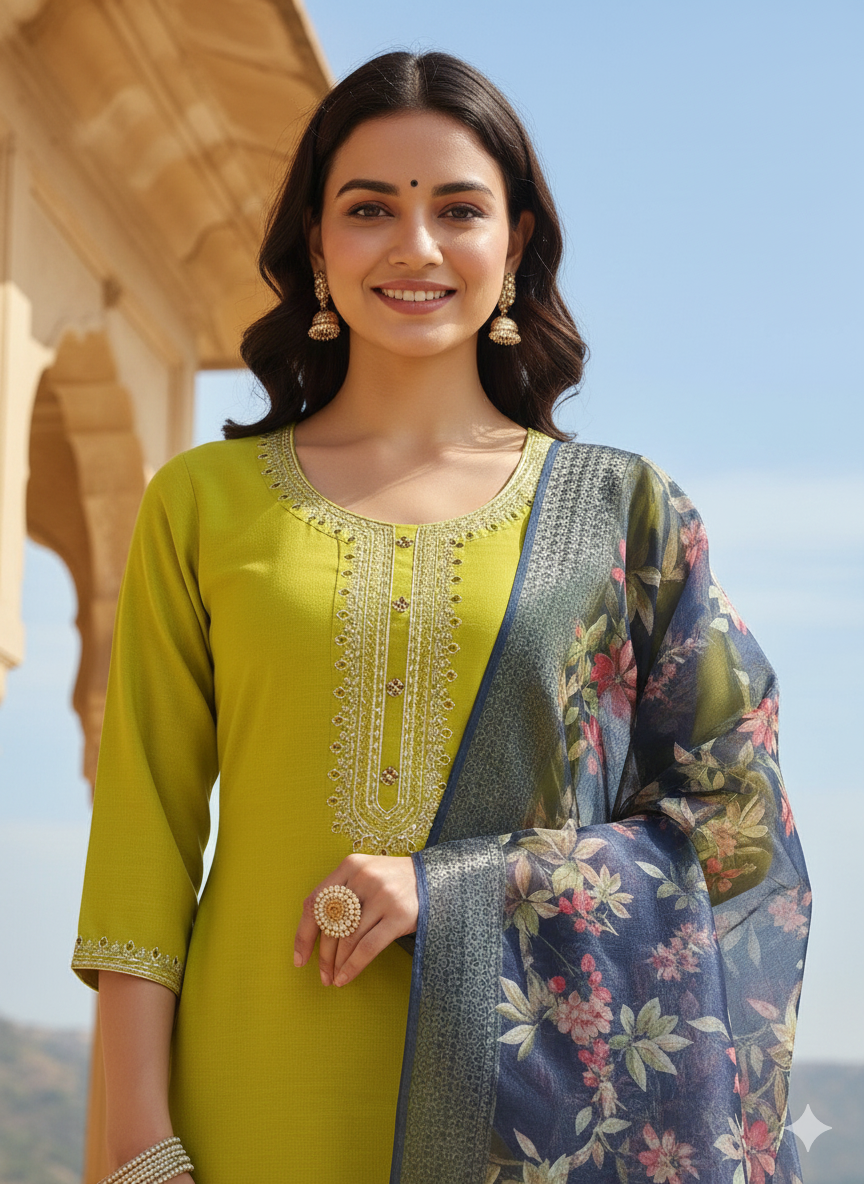 Lime chinon neck wok digital printed dupatta