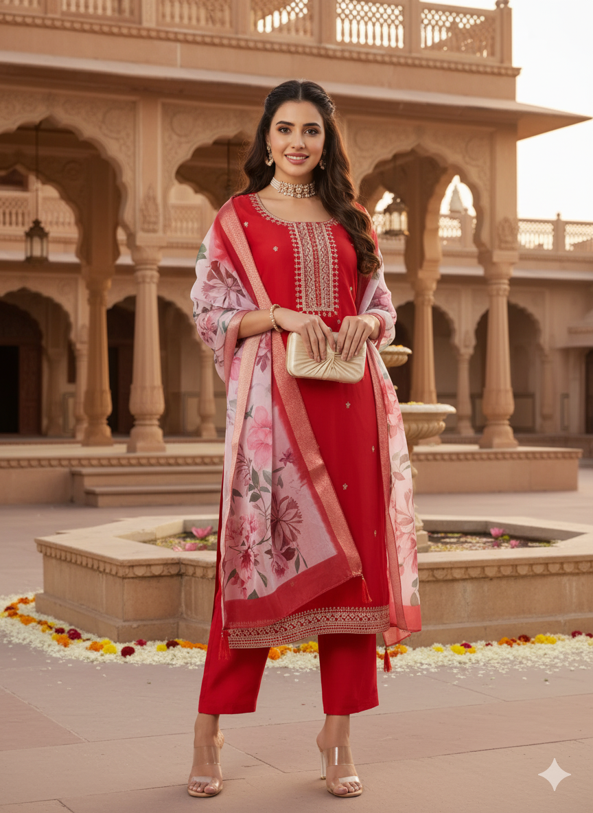 Red Embroidered Chinon Straight Suit With Printed Dupatta