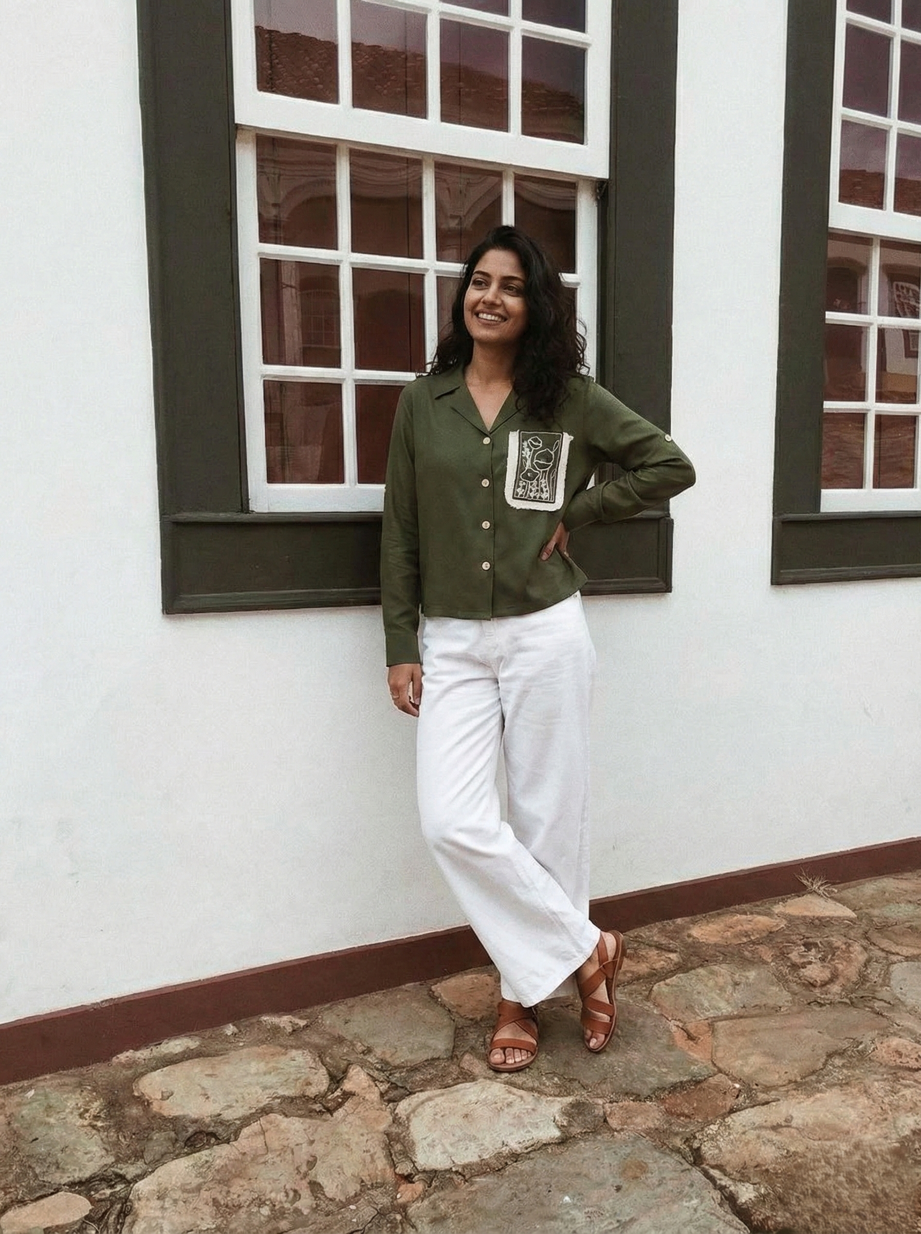 Olive Viscose Blend Embroidered Shirt for Women | Embroidered Shirt for Women |  full frontview