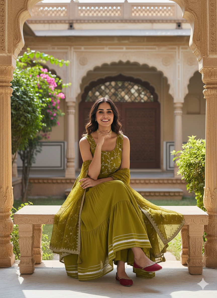 Green Embroidered Tiered Anarkali Kurta with Dupatta set