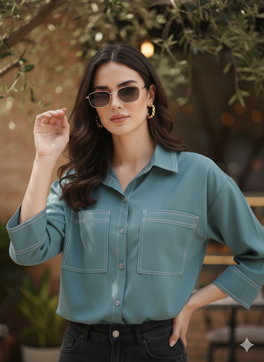 Denim Blue Crepe Plain Regular shirt for woman