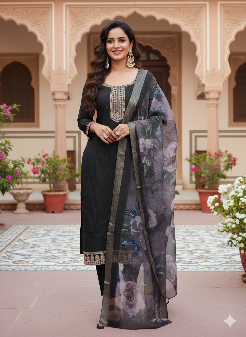Black Yoke Design Chinon Straight Kurta Set with Dupatta