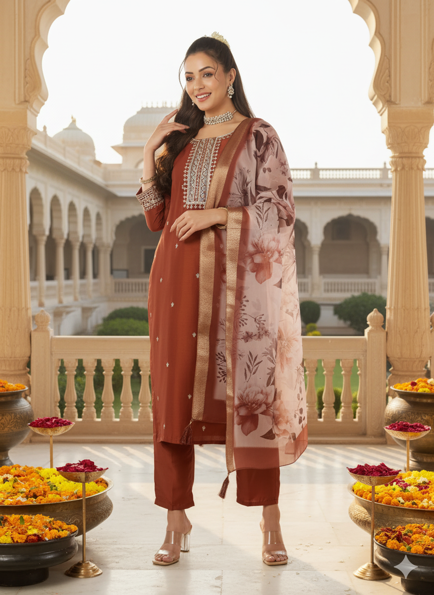 Rust Embroidered Chinon Straight Suit With Printed Dupatta
