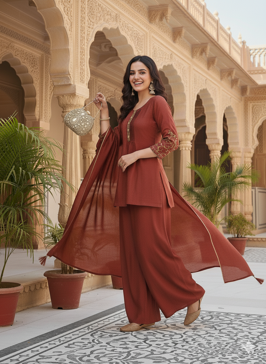 Brown Embroidered Peplum Top with Sharara Set