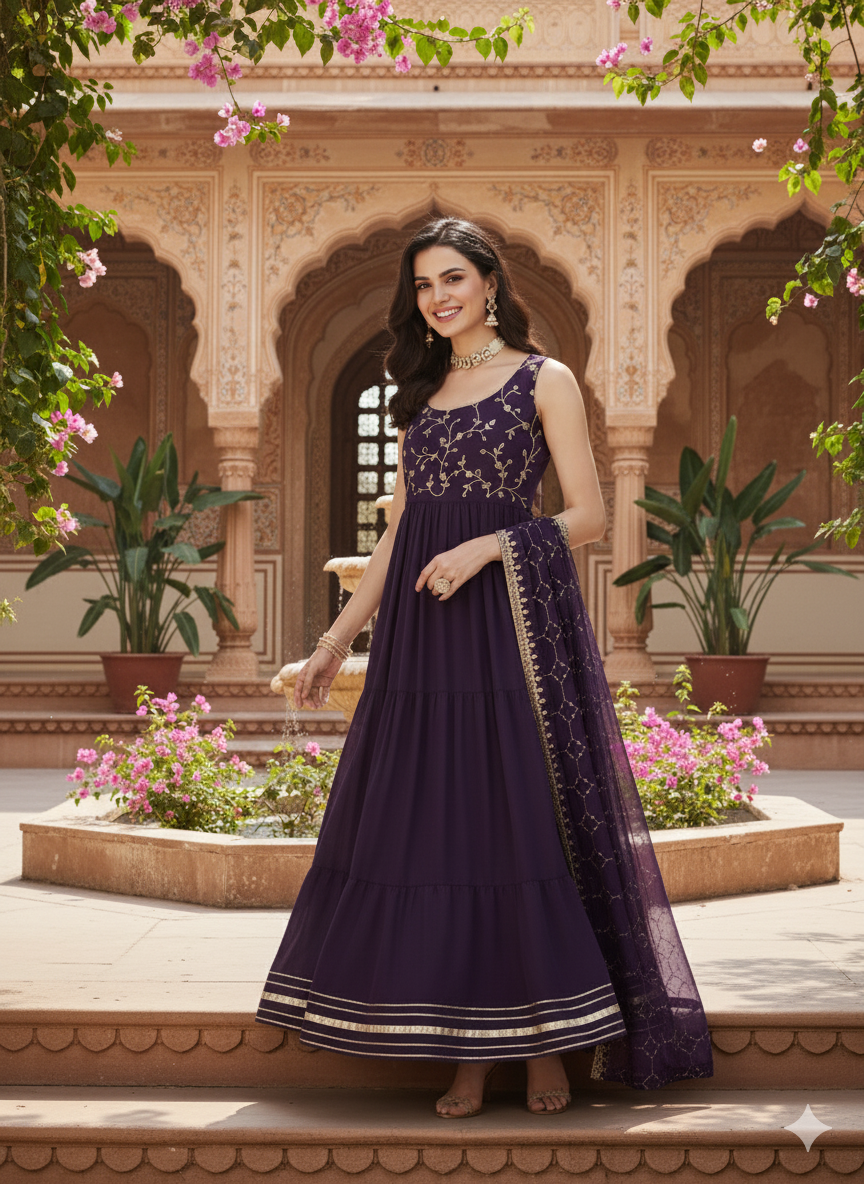 Violet Embroidered Tiered Anarkali Kurta with Dupatta set