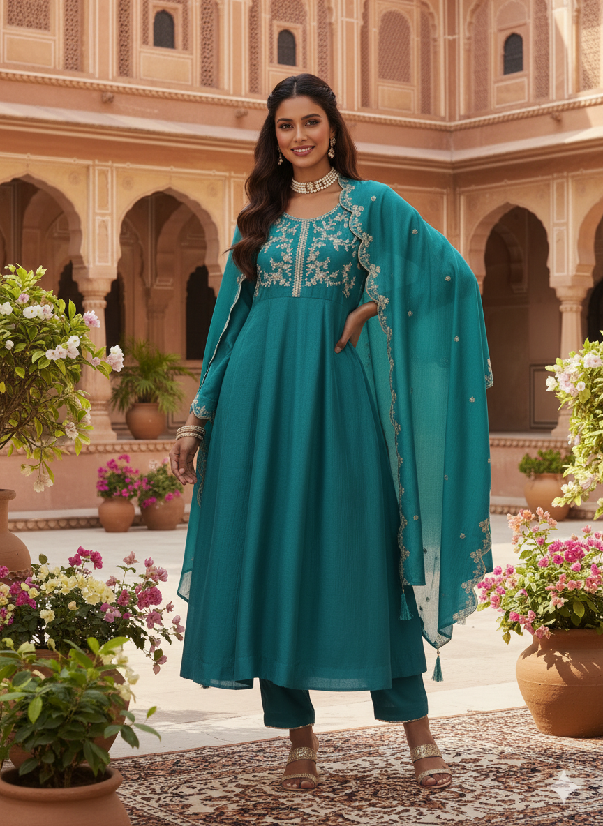 Rama Silk Embroidered Anarkali Kurta And Dupatta set