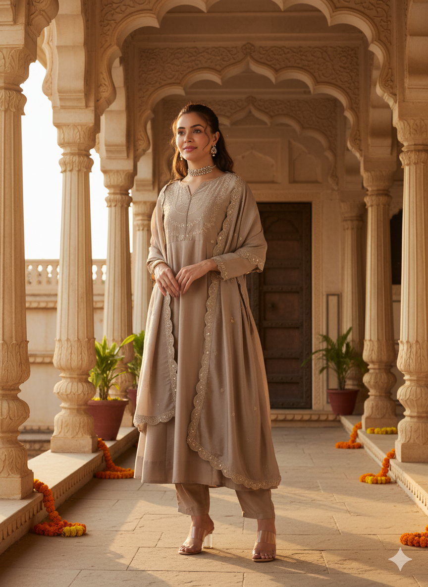Cream Embroidered Silk Blend Anarkali Kurta With Dupatta Set