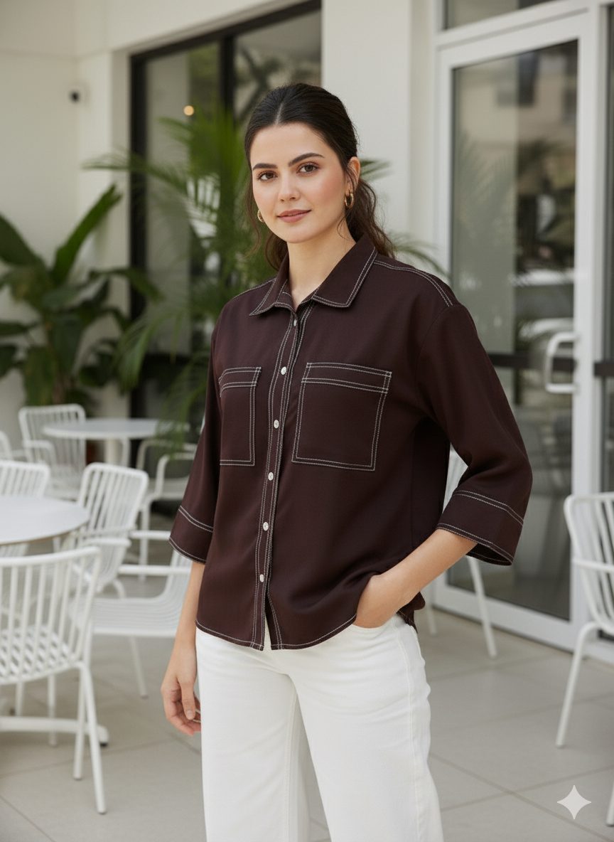 Coffee Crepe Plain Regular shirt for woman