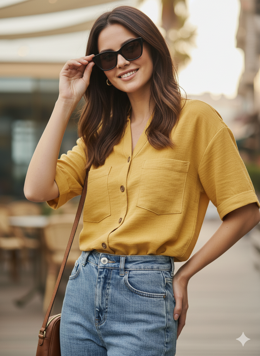 Women Yellow Cotton Blend Plain Regular Half Sleeve Shirt
