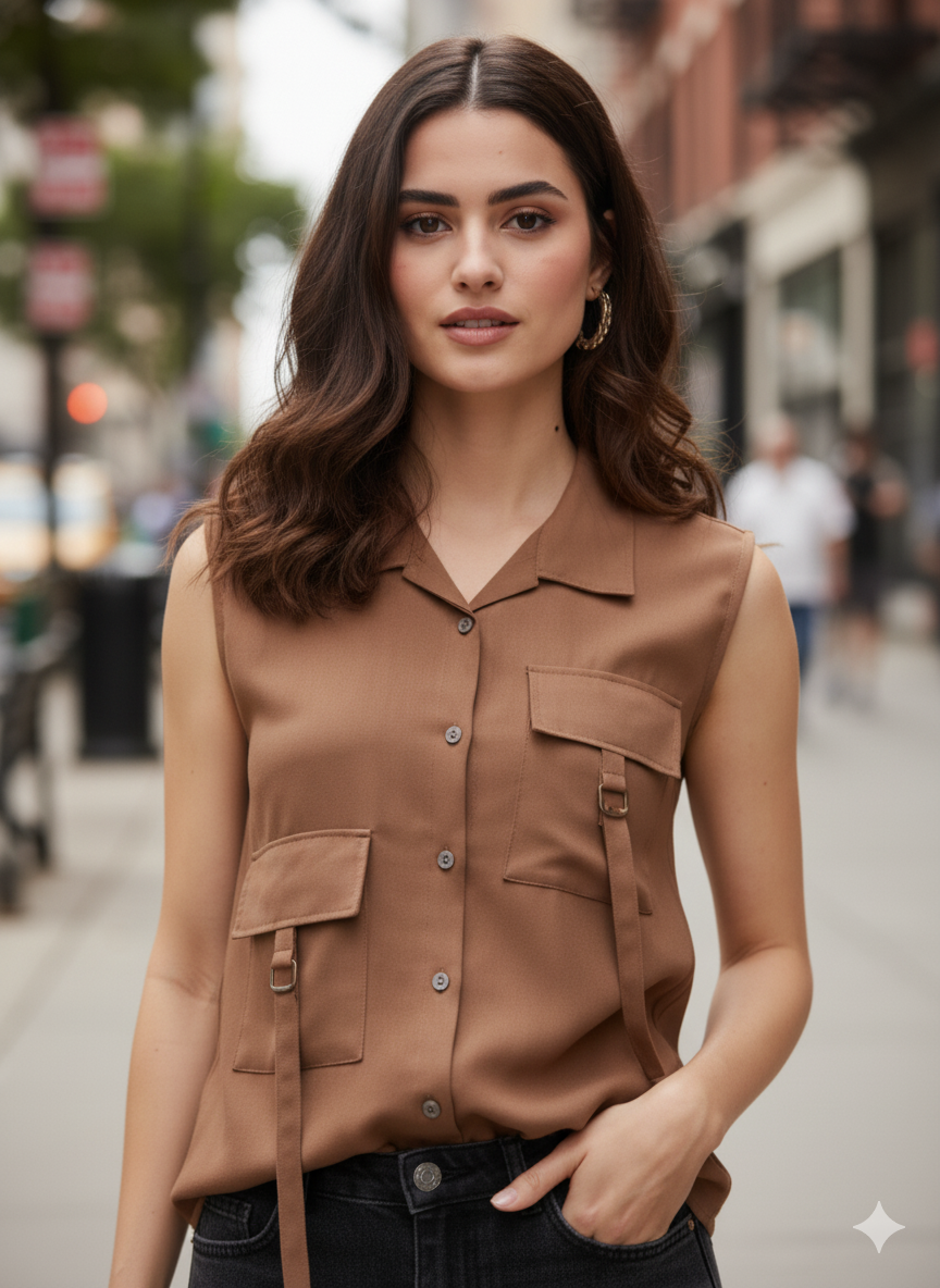Women Caramel Viscose Blend Plain Regular Sleeveless Shirt