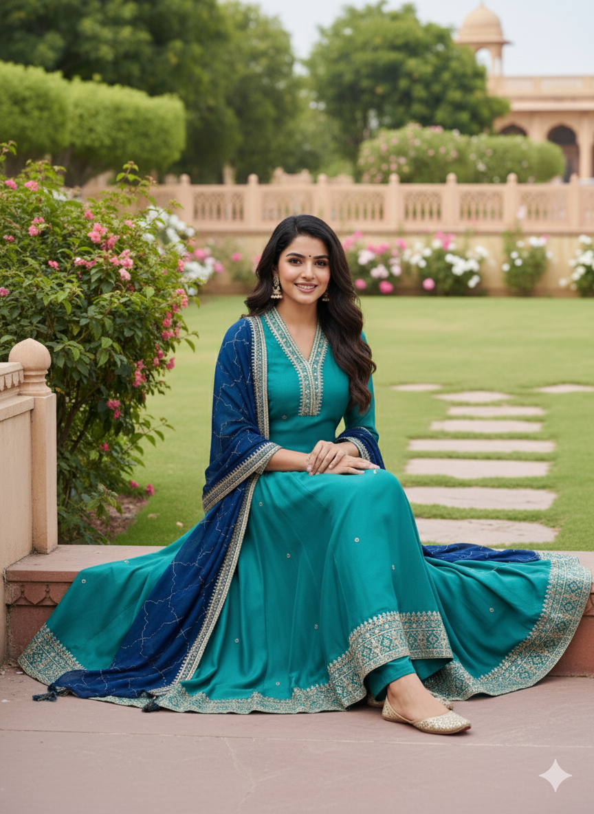 Firozi Embroidered Silk Anarkali Kurta With Dupatta Set