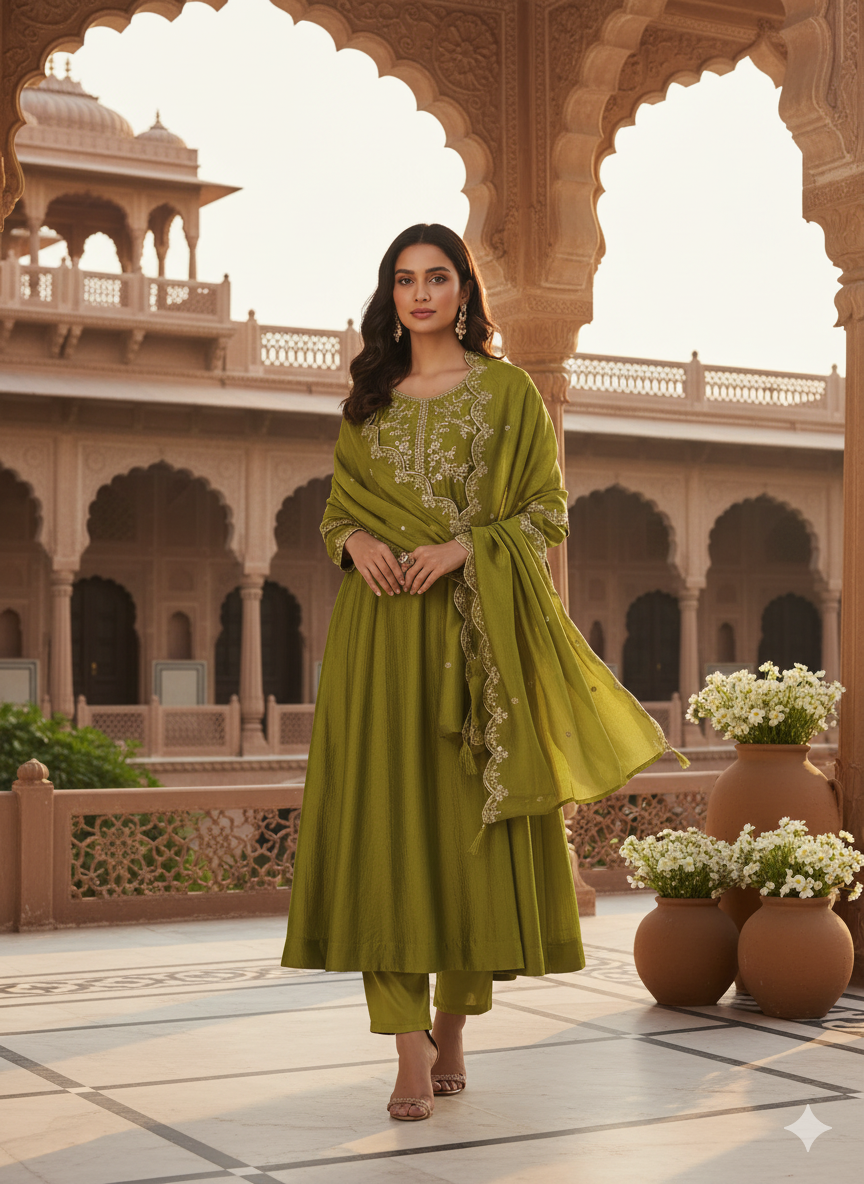 Green Silk Embroidered Anarkali Kurta And Dupatta set