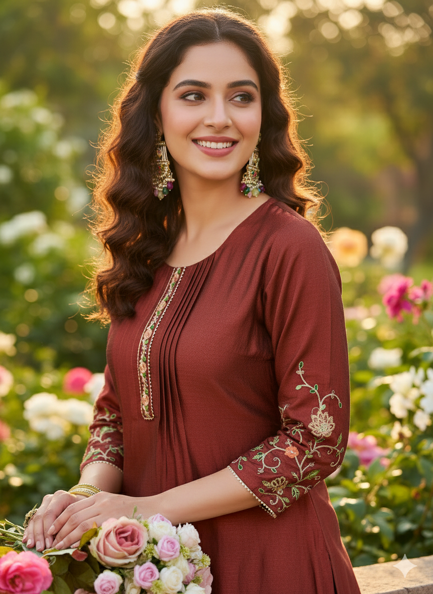 Brown Embroidered Peplum Top with Sharara Set