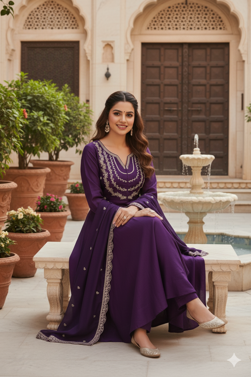 Violet Embroidered Silk Blend Anarkali Kurta With Dupatta Set
