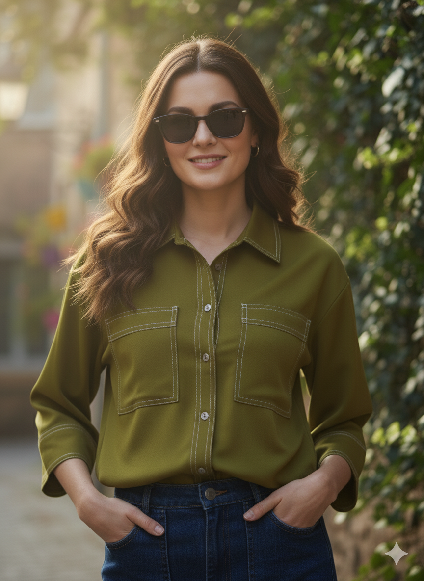 Green Crepe Plain Regular shirt for woman