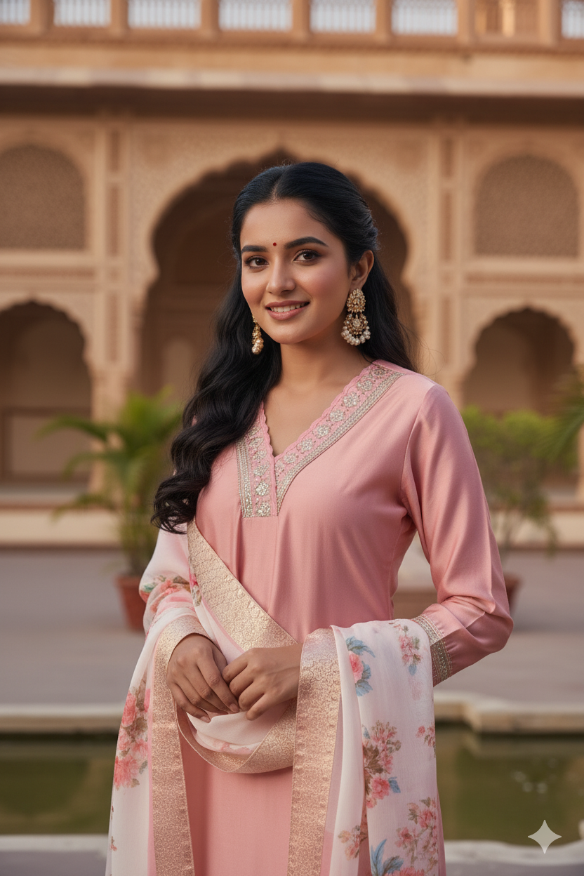 Pink Embroidered Chanderi Viscose Straight Suit With Dupatta