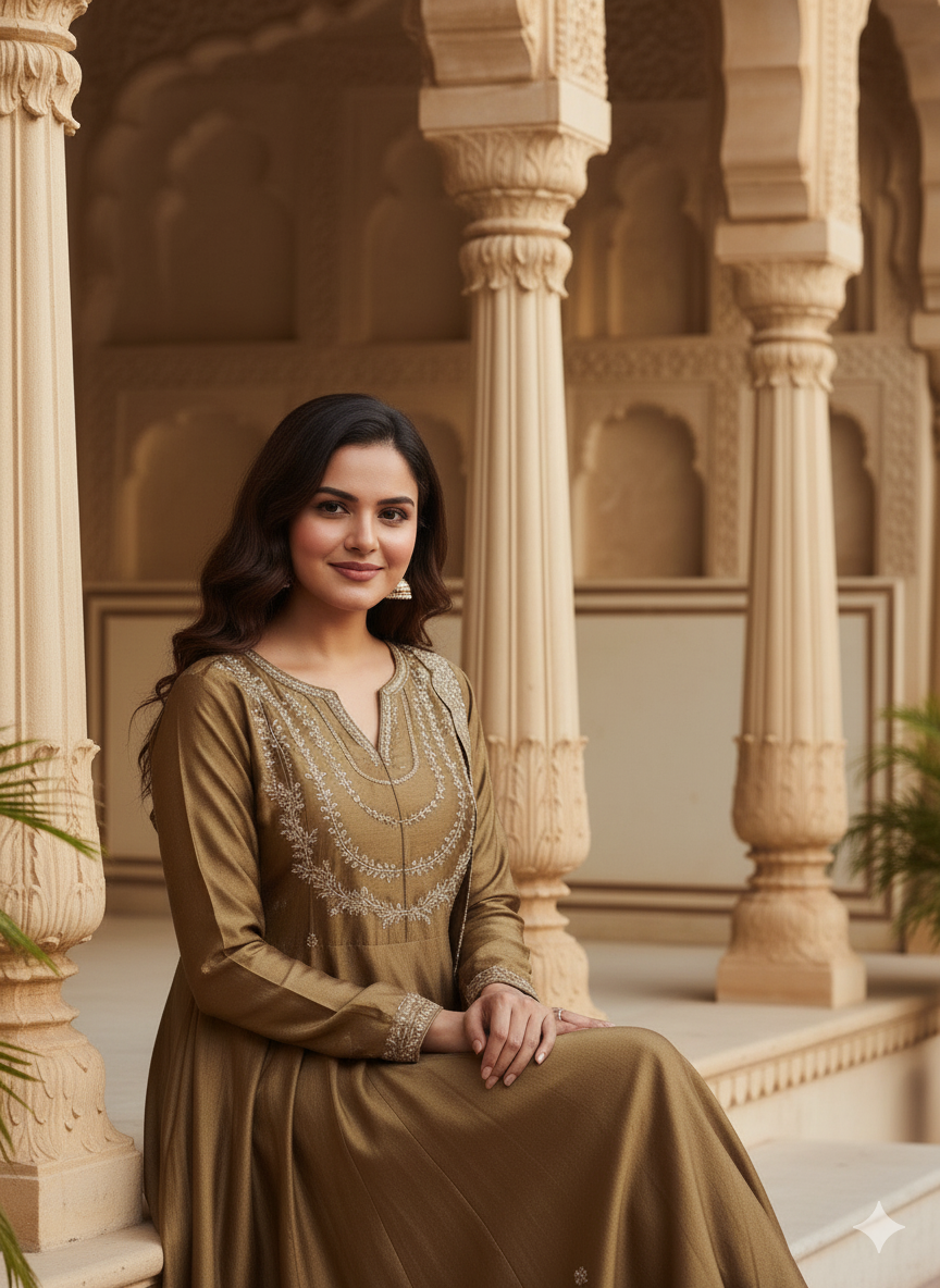 Gold Embroidered Silk Blend Anarkali Kurta With Dupatta Set