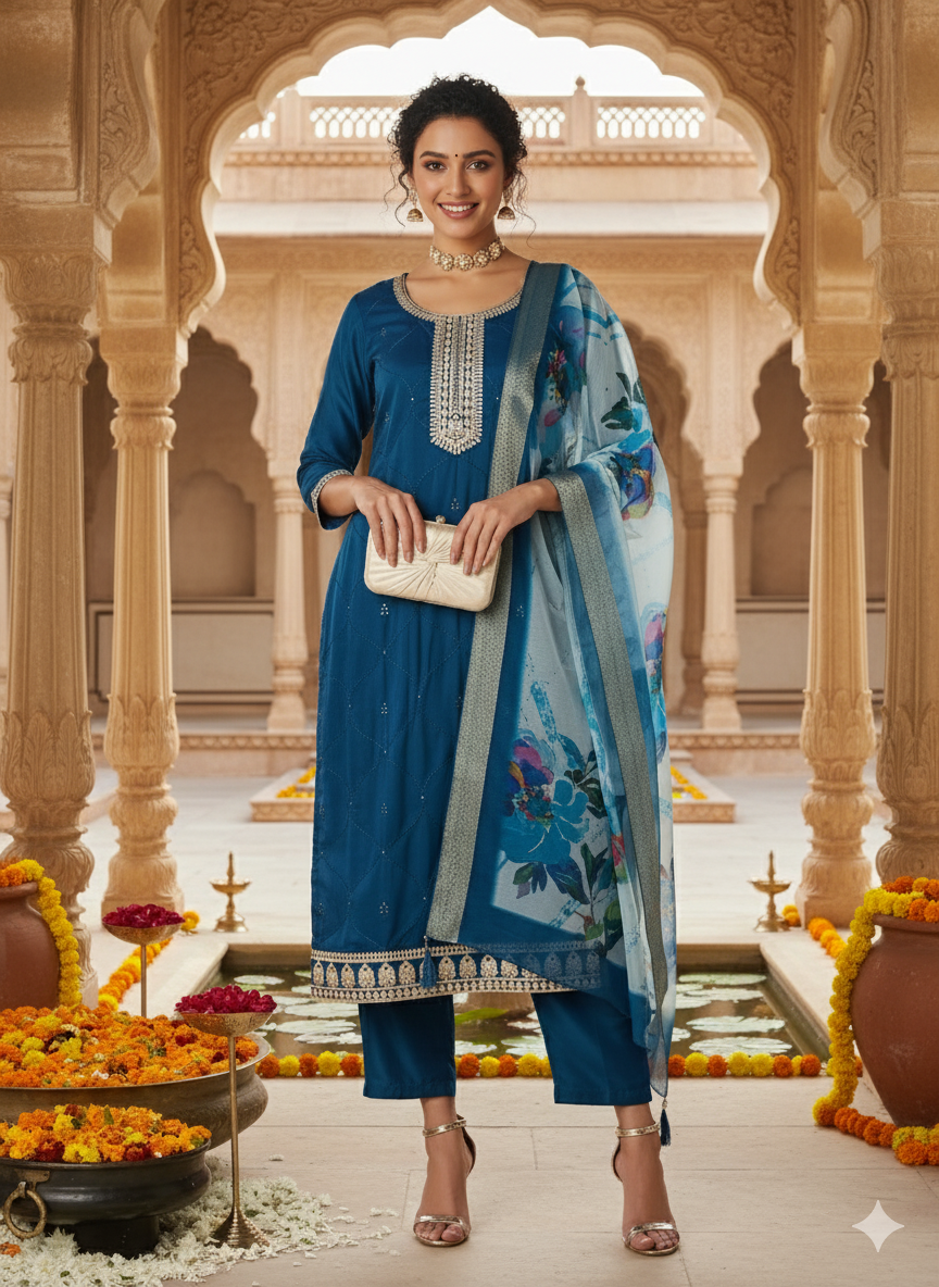 Teal Blue Yoke Design Chinon Straight Kurta Set with Dupatta