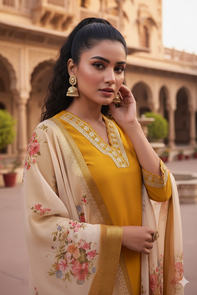 Yellow Embroidered Chanderi Viscose Straight Suit With Dupatta