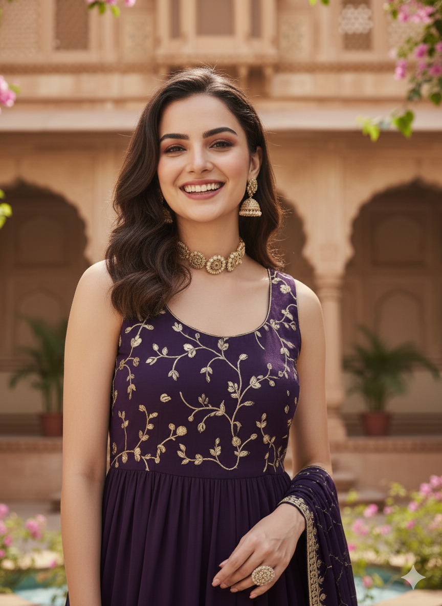 Violet Embroidered Tiered Anarkali Kurta with Dupatta set