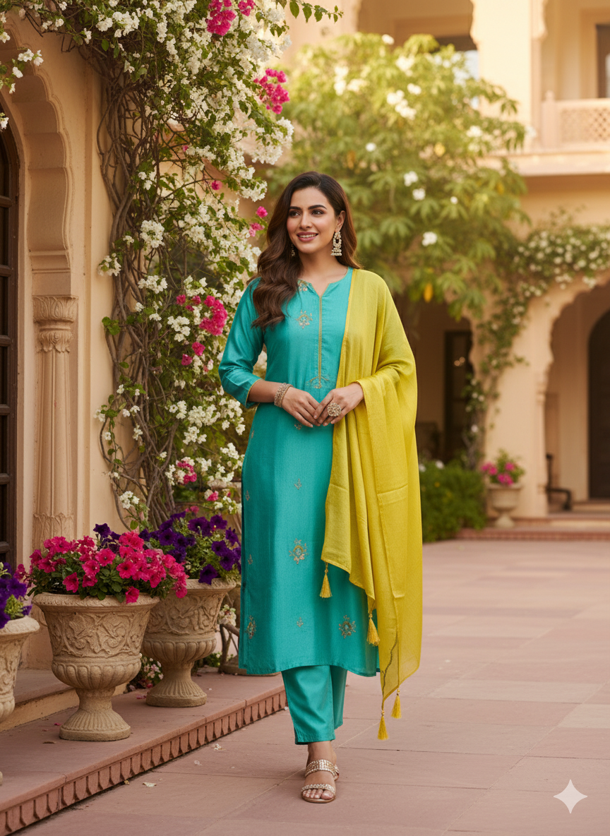 C-Green Embroidered Chinon Kurta with Dupatta Set