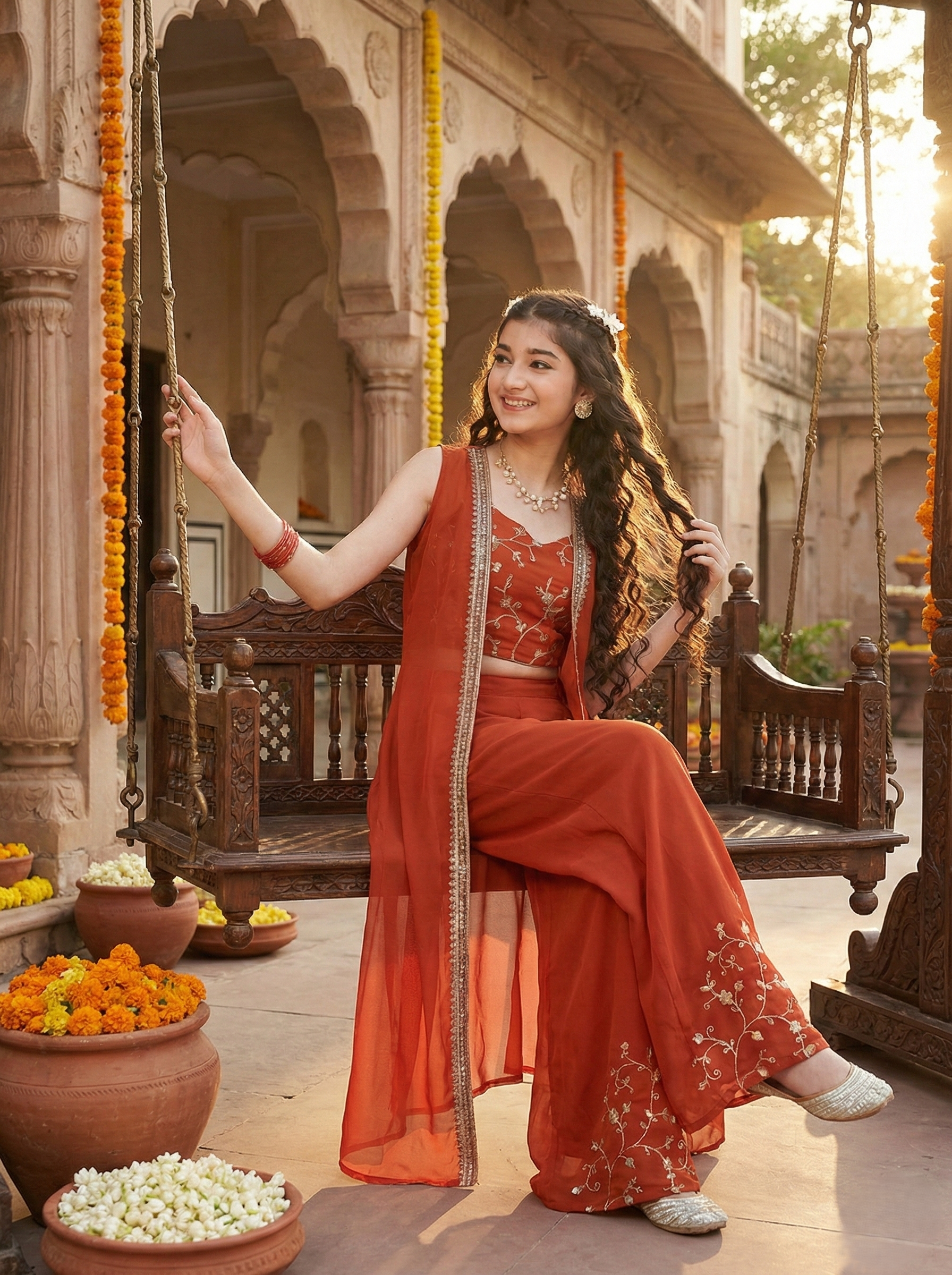 Orange Embroidered Georgette Top, Plazoo Shurg Set for girls