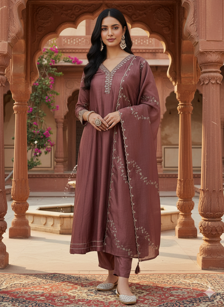 Maroon Silk Embroidered Anarkali Kurta with Dupatta Set