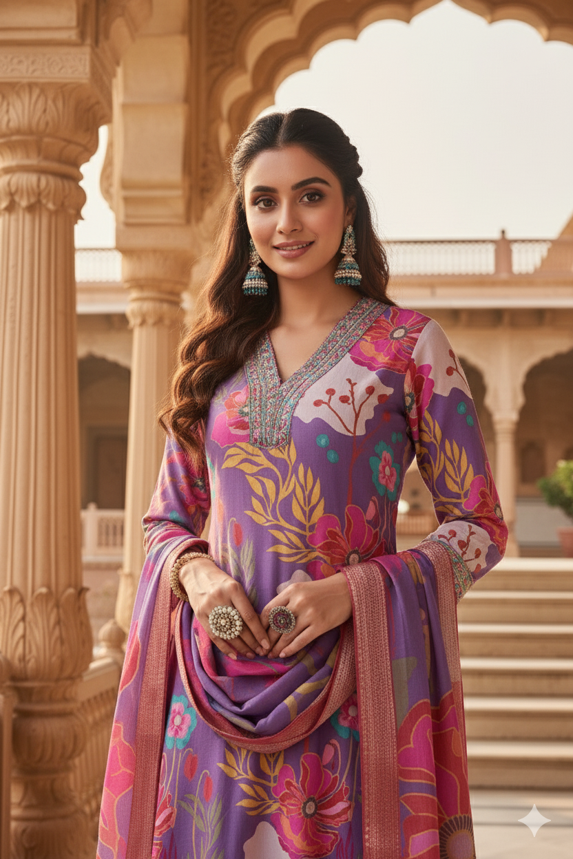 Lavender Embroidered Muslin Kurta Duppta Set