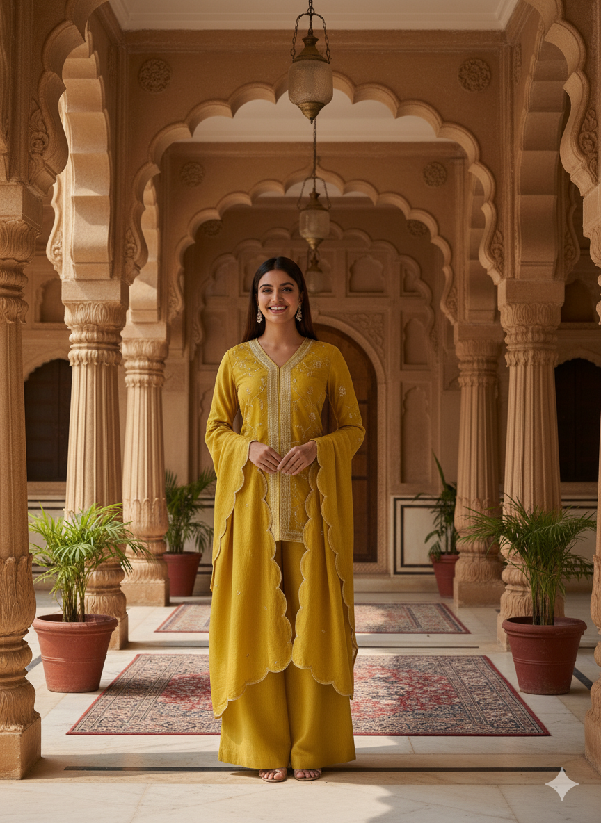 Mustard Embroidered Peplum Top with Sharara Set