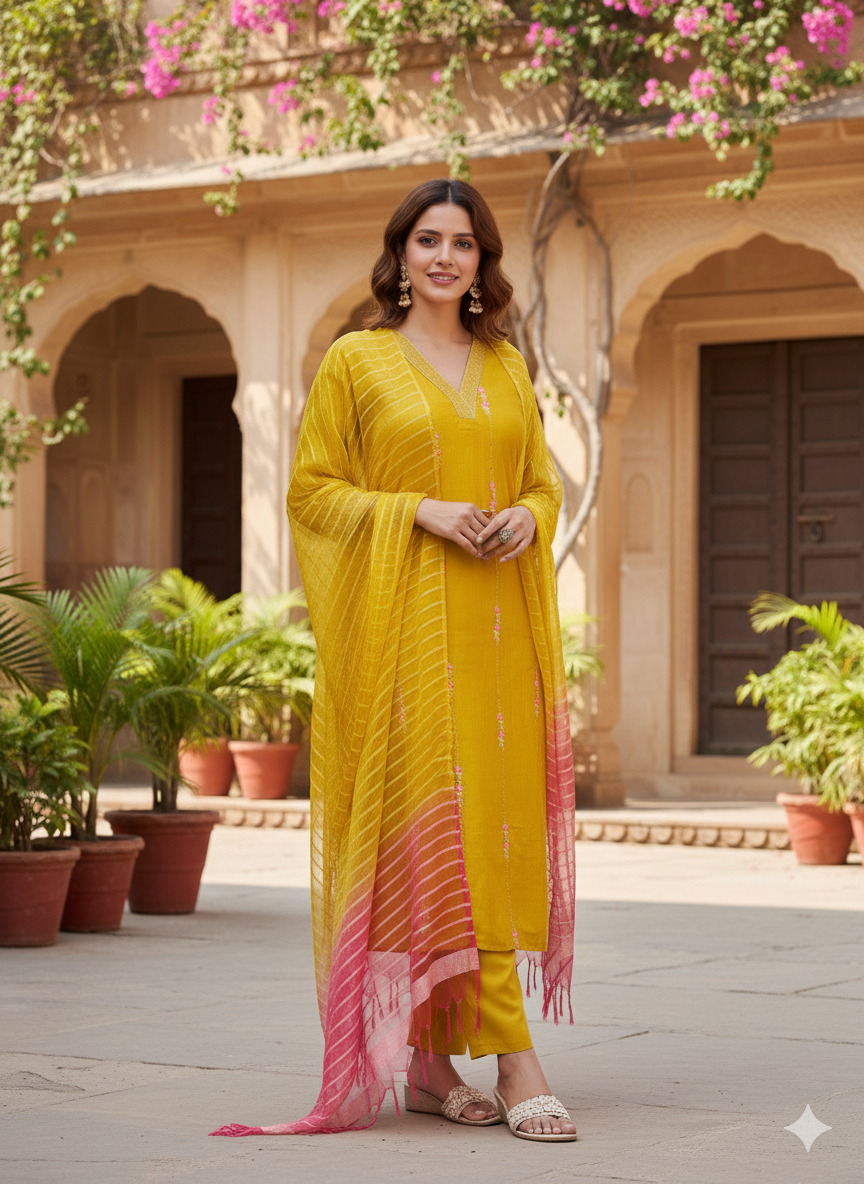 Musturd Embroidered Silk Kurta with Dupatta Set