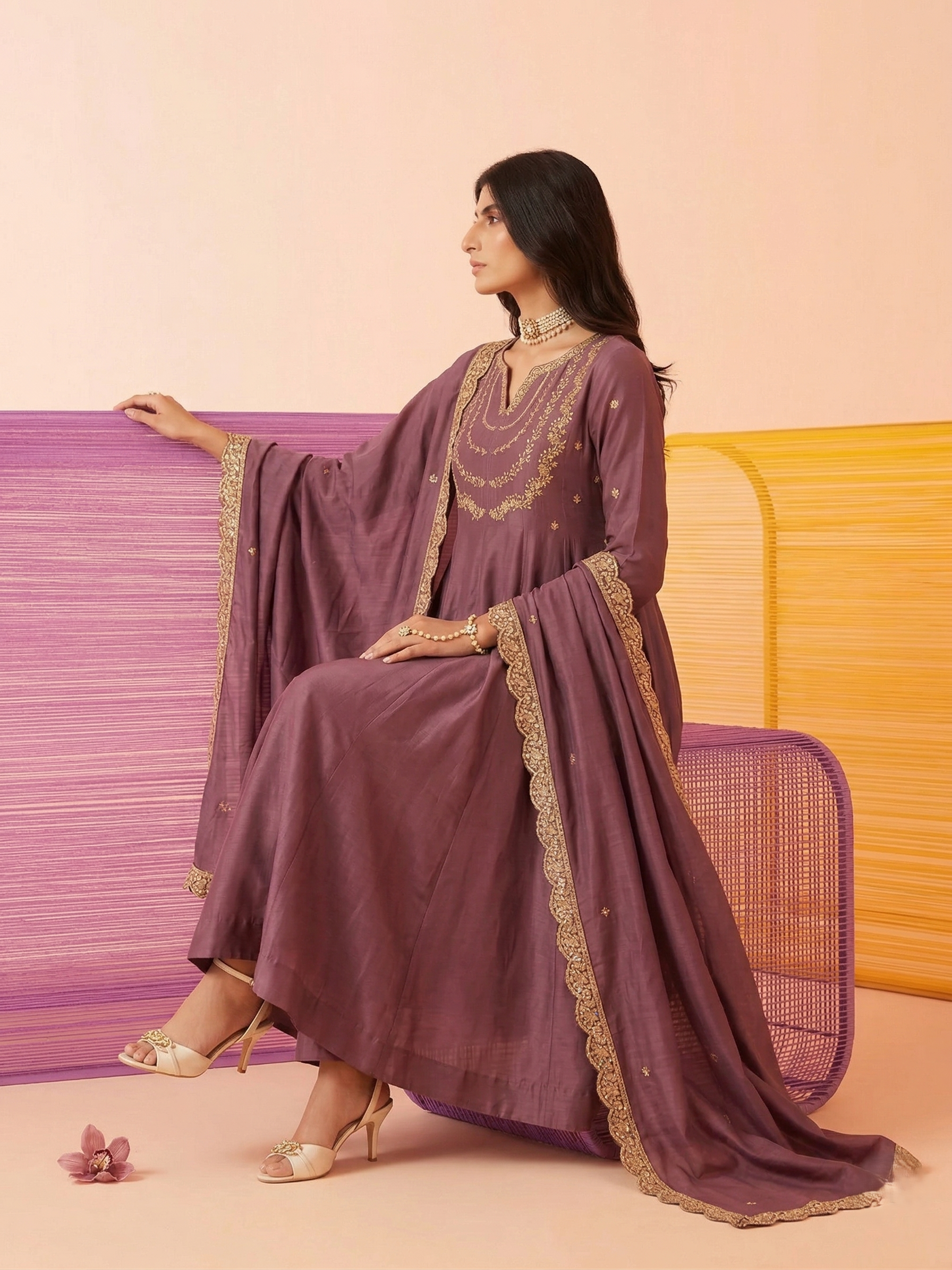 Maroon Embroidered Silk Blend Anarkali Kurta With Dupatta Set