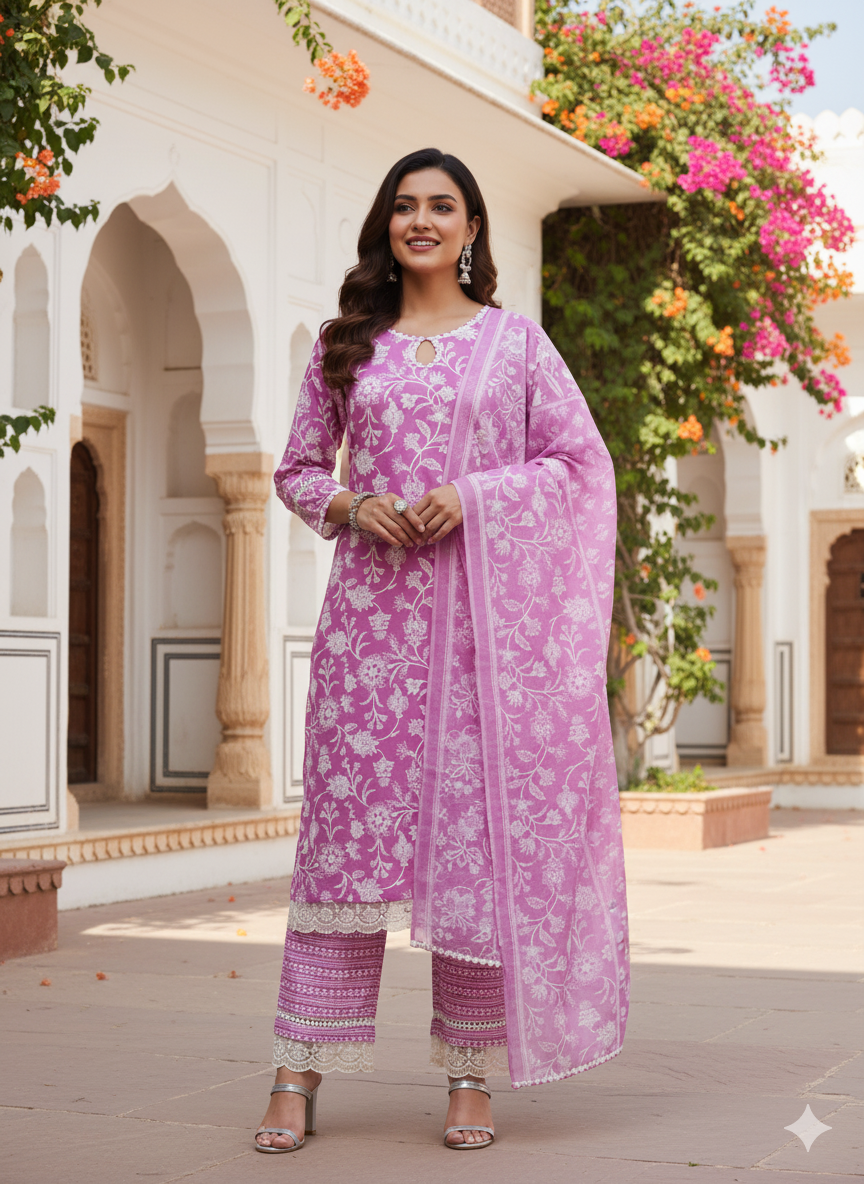 Purple Floral Print Embroidered Cotton Kurta & Dupatta Set