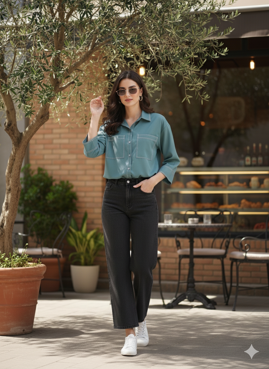 Denim Blue Crepe Plain Regular shirt for woman