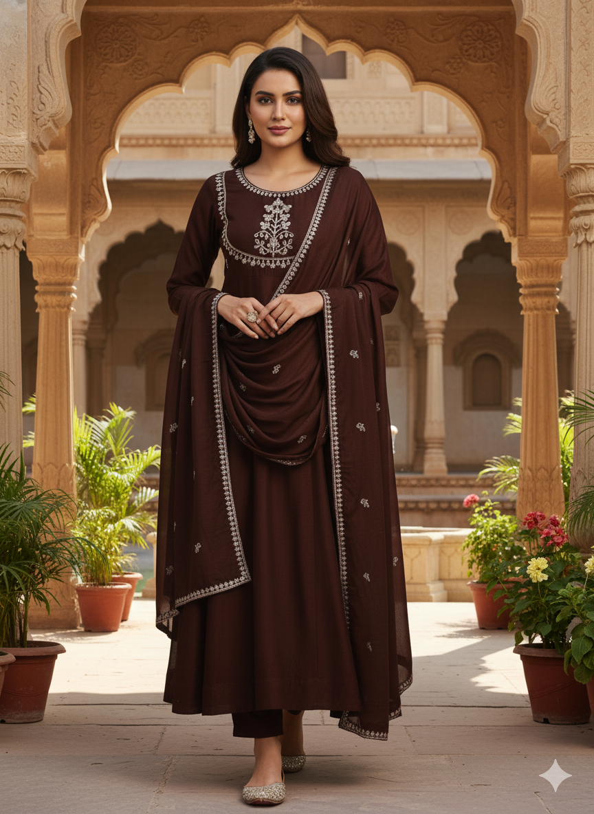 Coffee Embroidered Silk Anarkali Kurta With Dupatta Set