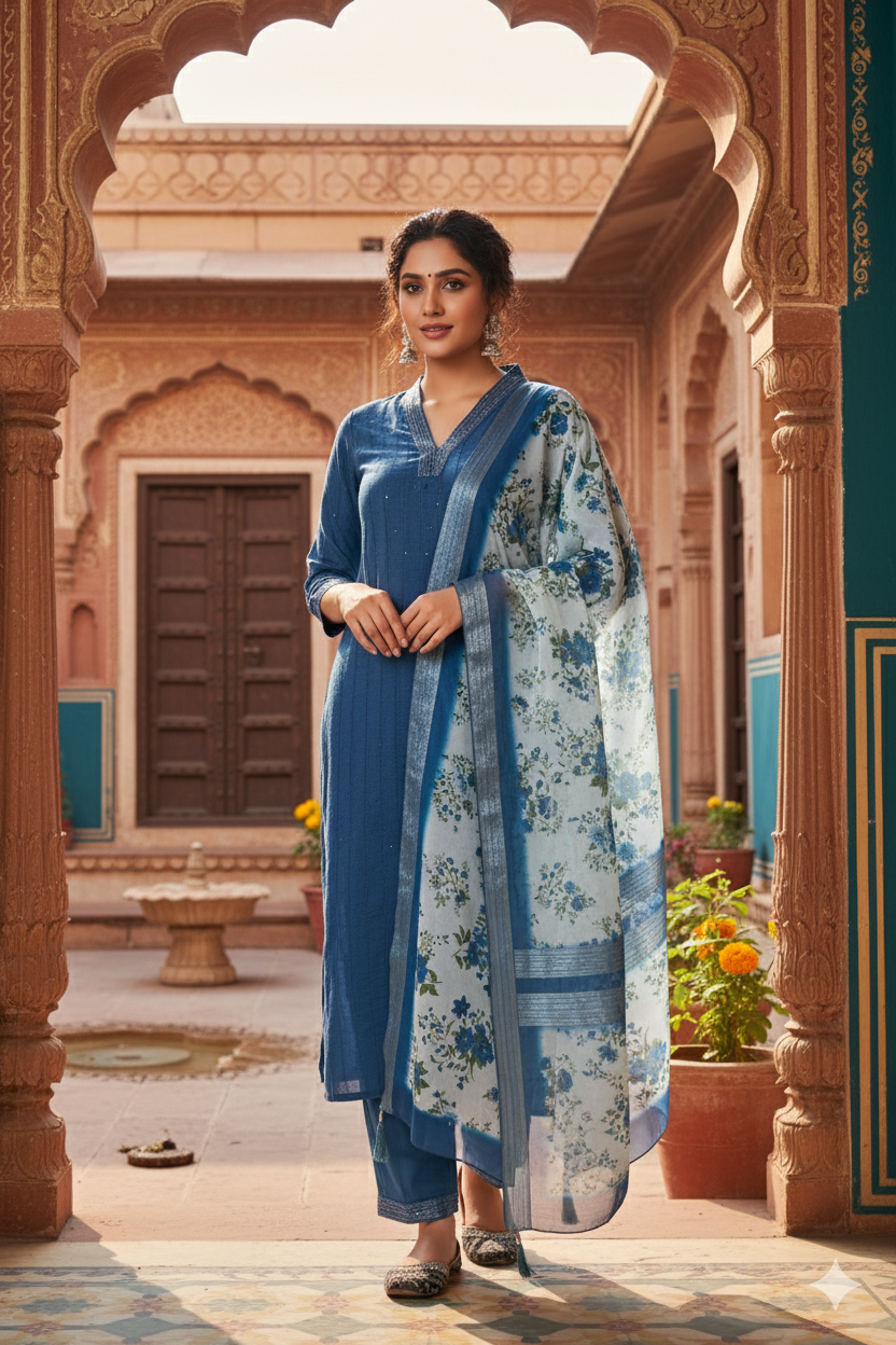 Teal Blue Chinon Embroidered Straight Kurta & Printed Dupatta Set