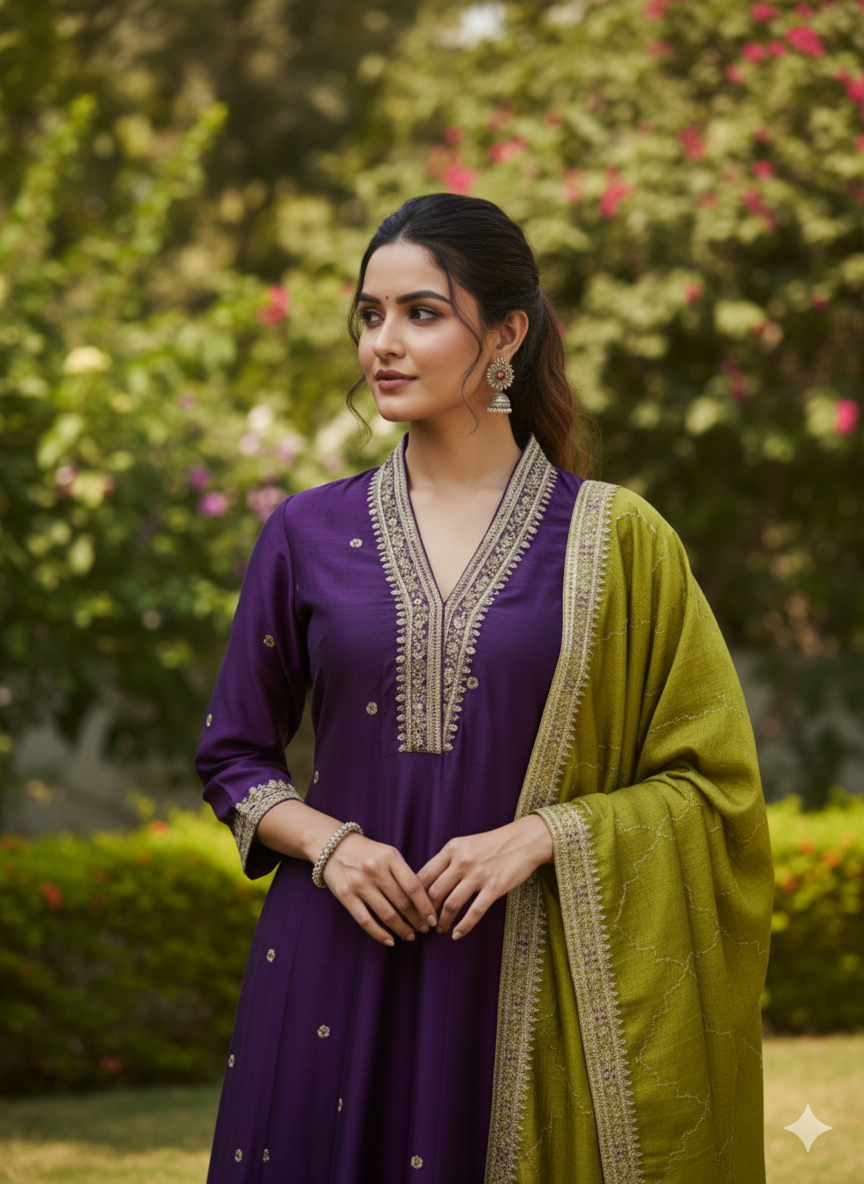 Violet Embroidered Silk Anarkali Kurta With Dupatta Set