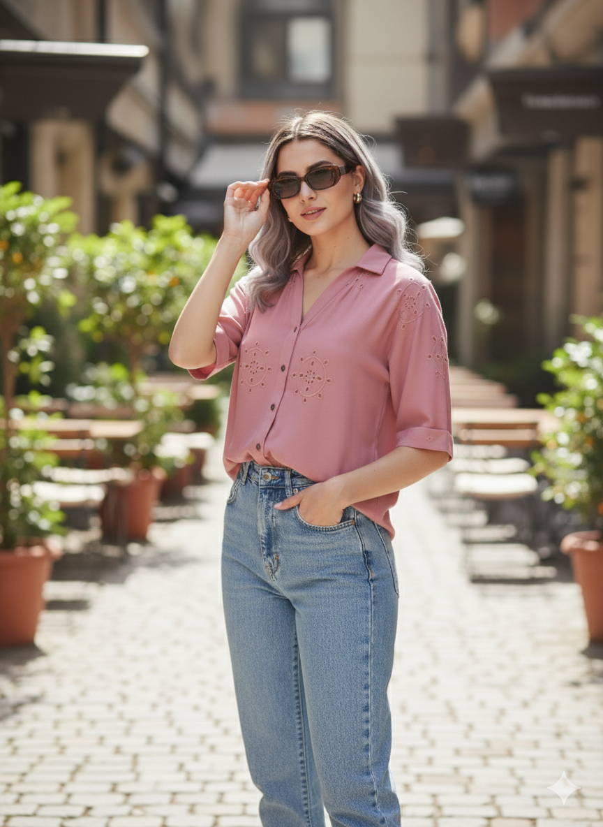 Pink Casual Printed Shirt in Cotton Blend Fabric for Women