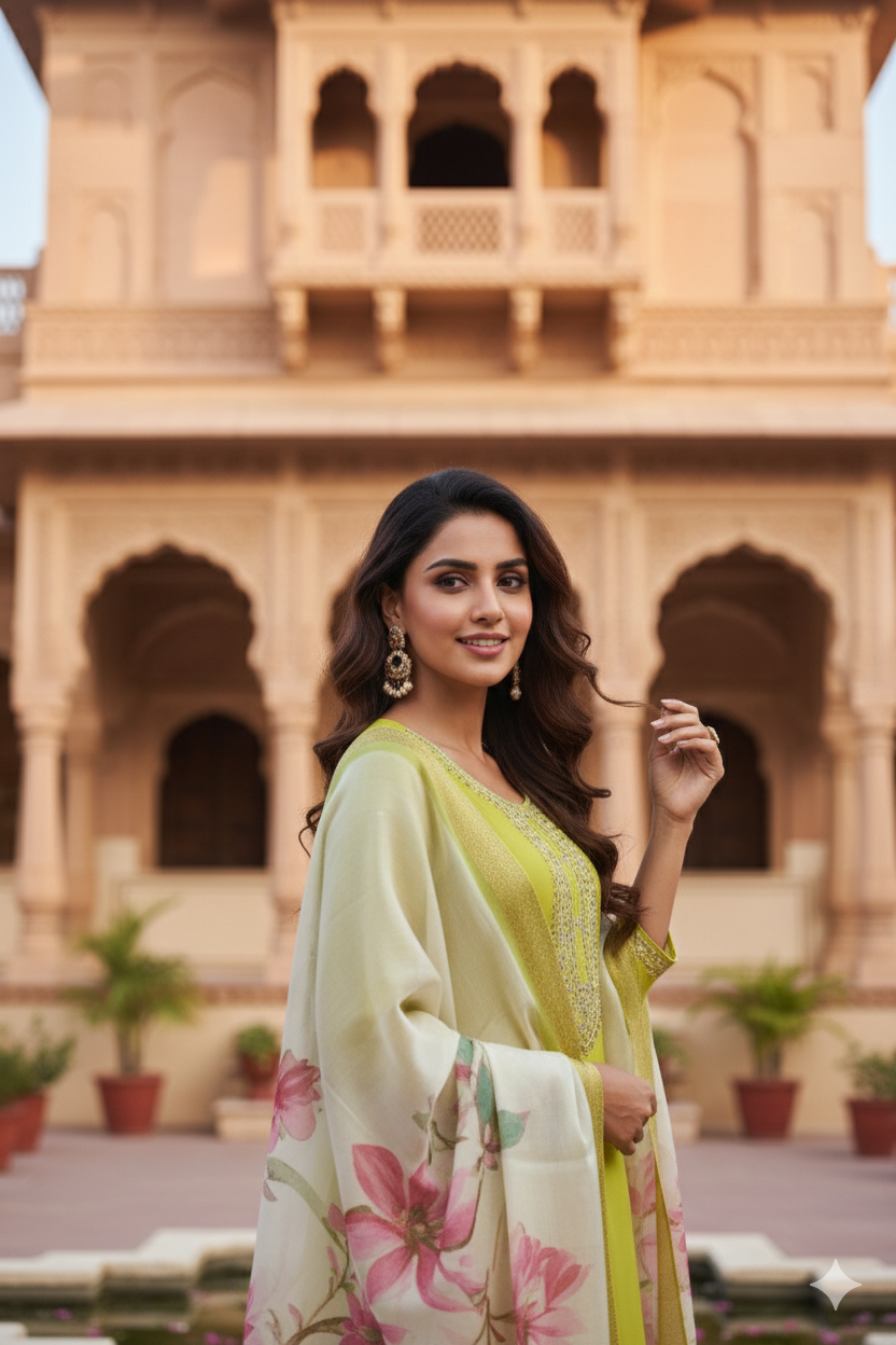 Neon Chinon Kurta Duppta Set with neck patch work