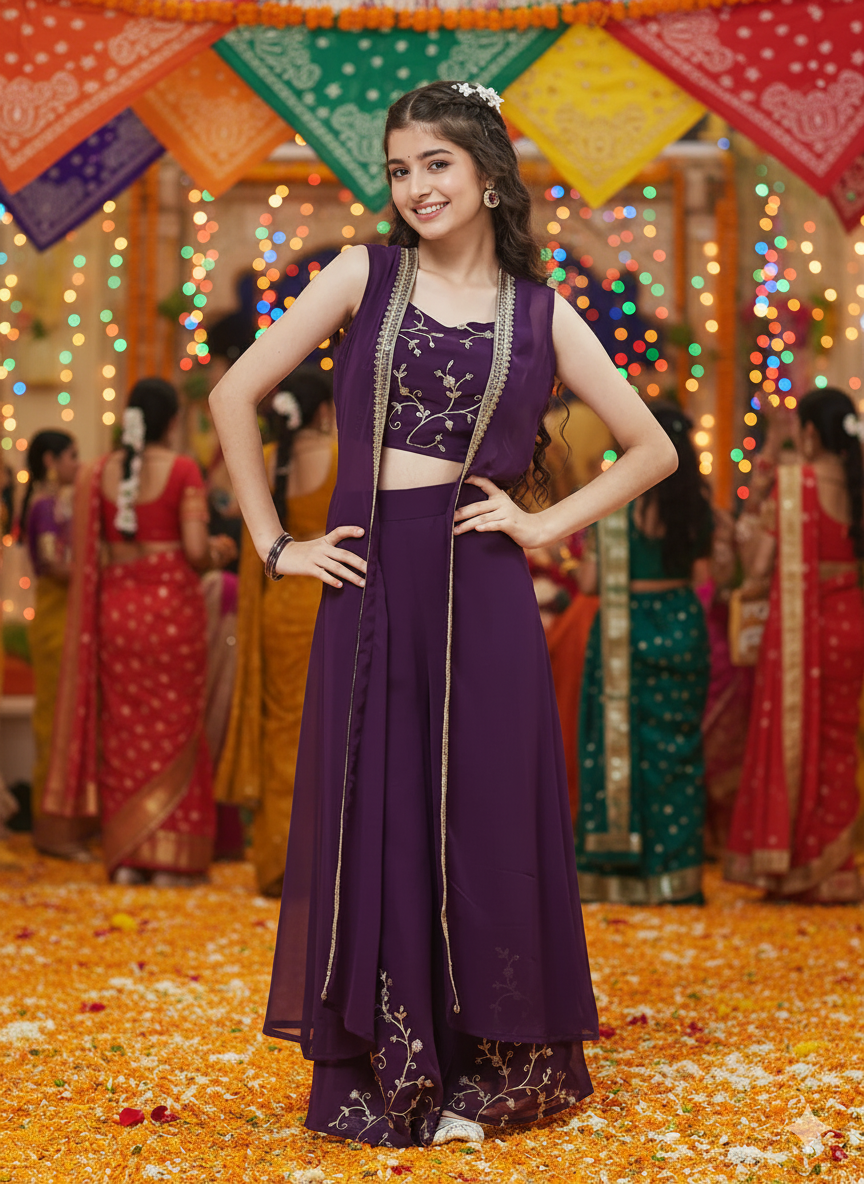 Wine Embroidered Georgette Top, Plazoo Shurg Set for girls