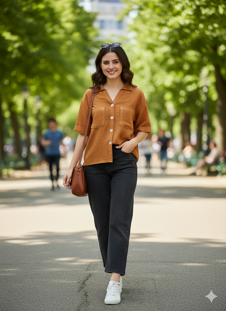 Women Caramel Cotton Blend Plain Regular Half Sleeve Shirt