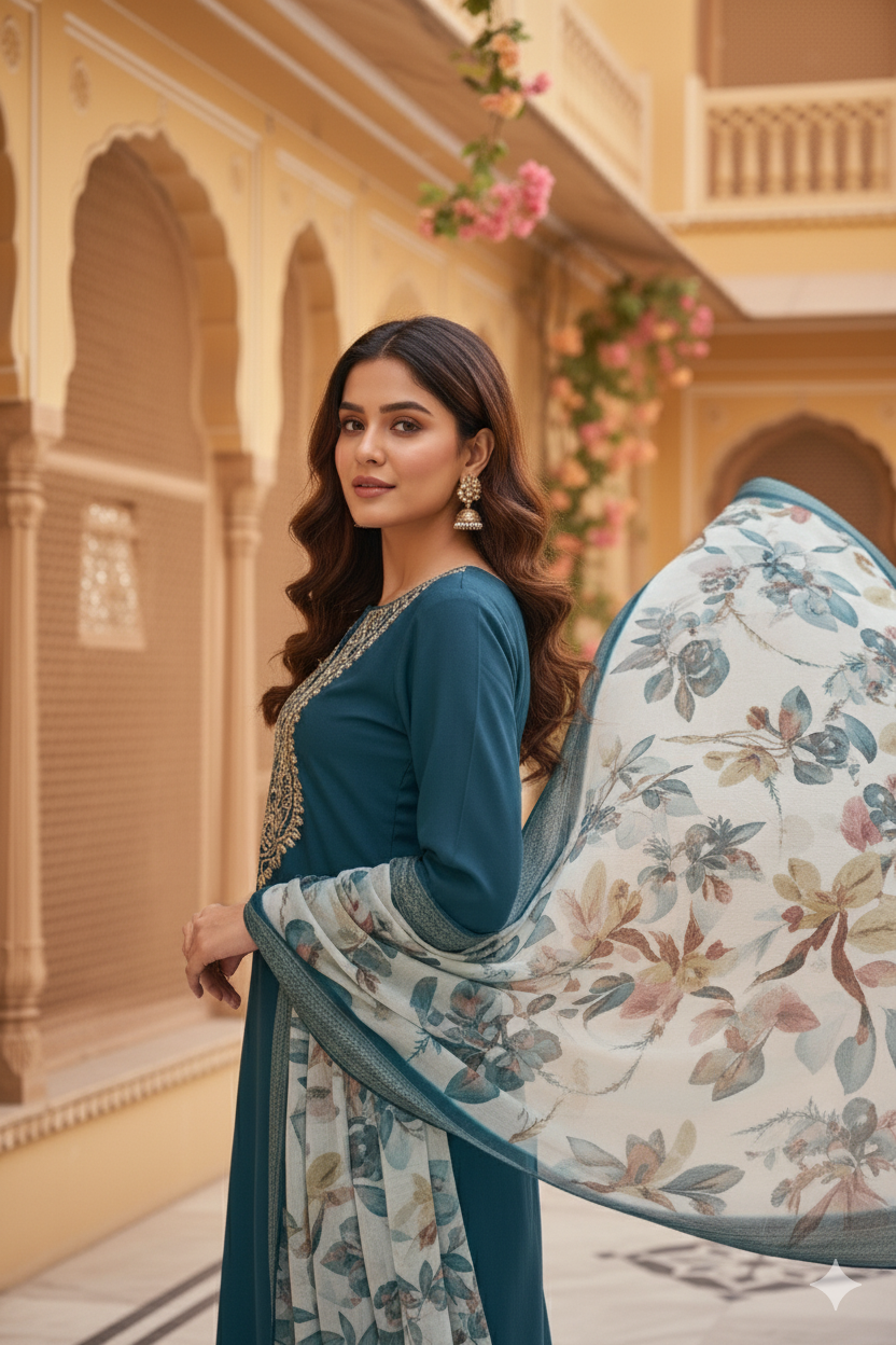 Teal Chinon Kurta Duppta Set with neck patch work