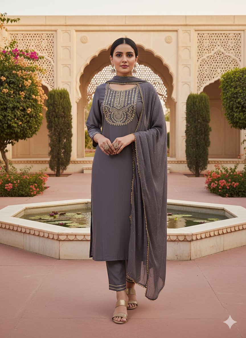 Grey Embroidered Chinon Kurta with Dupatta Set